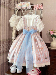 Bunny and Violin Print Blue High Waist Sweet Lolita Jumper Skirt