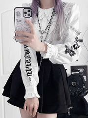 White Emo Punk Peter Pan Collar Letter Print Buckle Details Blouse