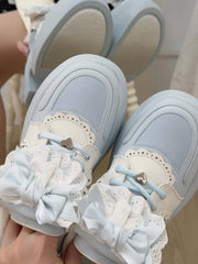 Clearance-Size 36 Blue Jirai Kei Detachable Bowknot Lace Trim  Front Lace-up Ties Sneakers