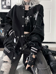 Vintage Gothic Black Baseball Jacketwith Gray Striped Cuff&Crown+Wing Print