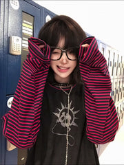 Y2K Black & Red Striped Color Block Top with Skeleton Print