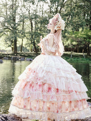 Romantic Rosette Print Quinceanera Princess Dress Hanayome Lolita JSK Tiered Skirt Floor Length