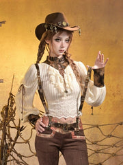 Steampunk White Knit Top with Brown PU Collar + Cuffs & Crisscross Lacing