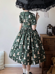 Long Version Dark Green Bear Print Short Sleeves Sweet Lolita Dress