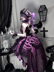 Purple & Black Strapless Boned Gothic Lolita Dress with Rose Bouquet Hem