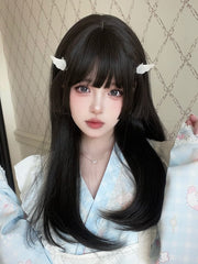 Black-brown Princess Cut Straight Synthetic Wig with Bangs