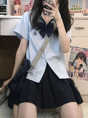 White/Gray/Blue Preppy Style Sakura Embroidery Shirt