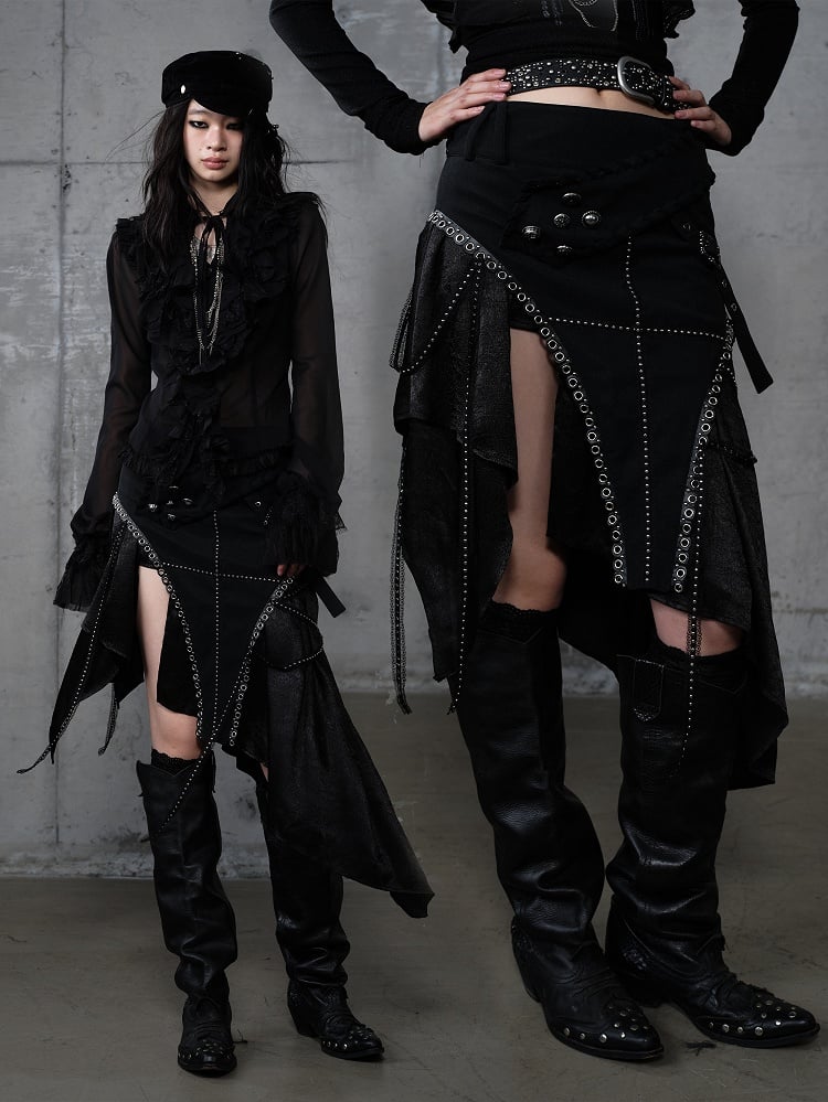 Black Gothic Punk PU Skirt with Handkerchief Hem & Metal Embellishments
