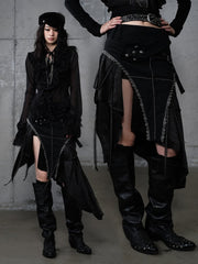 Black Gothic Punk PU Skirt with Handkerchief Hem & Metal Embellishments