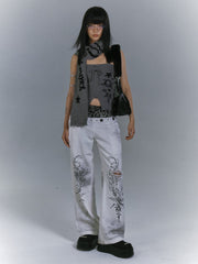 Vintage White Punk Distressed Jeans with Leopard Print Waistband & Botanical Print