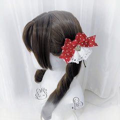 Ruffled Lace Trim Heart Charm Red Polka-dot Bow Sweet Lolita Hairclips