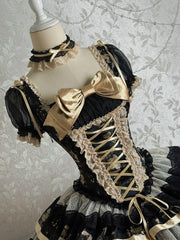 Clearance - Size M for Bust 87-103cm Bunny and Kitty Print Black and Gold Short Puff Sleeves Lolita Corset Dress