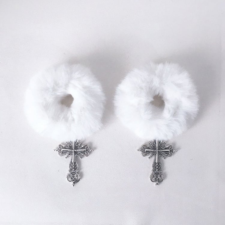 White/Black Fluffy Hair Ties with Cross Charms