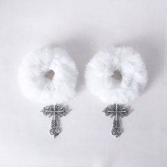 White/Black Fluffy Hair Ties with Cross Charms