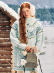 Light Blue Snowflake Knit Hooded Scarf with Fringe Tassel Edging