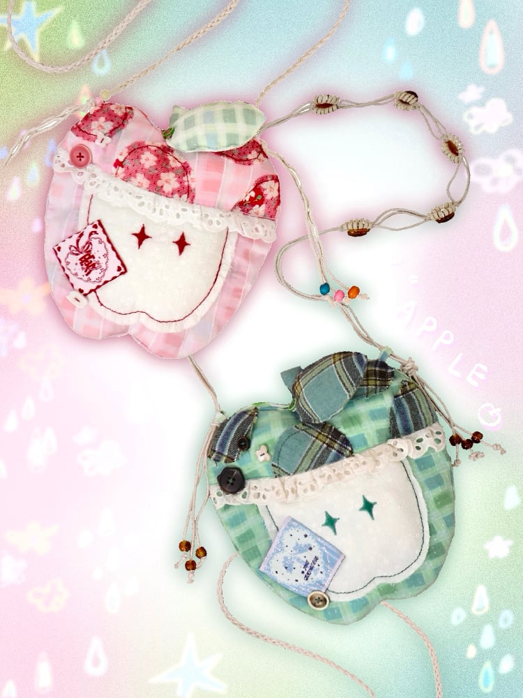 Pink/Green Y2K Apple-Inspired Patchwork Crossbody Bag with Floral and Plaid Patterns
