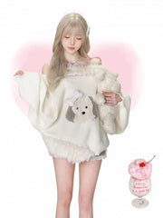 White Daily Kawaii Off-Shoulder Sweater - Plush Accents & Puppy Decor with Plush Bone Brooch