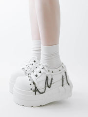 White Platform Shoes in Punk Goth  with Detachable Chain Charm, Pin and Studs Decor & Lace-up Closure