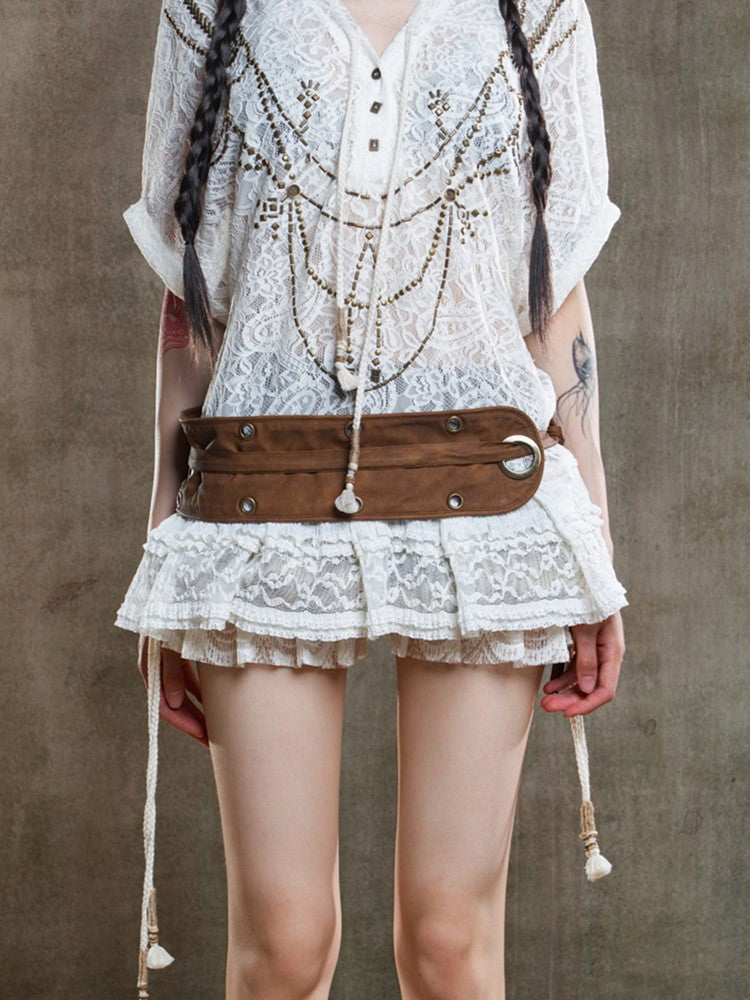 Vintage Punk Brown PU Belt with Metal Eyelets & Long Tie Straps