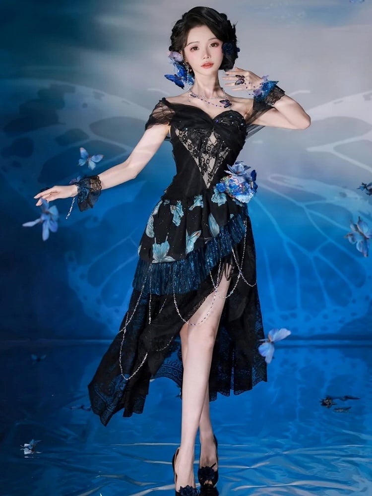 Black Lace Butterfly Print Off-the-shoulder Lolita Dress with Blue Flower Accents and Draped Chains