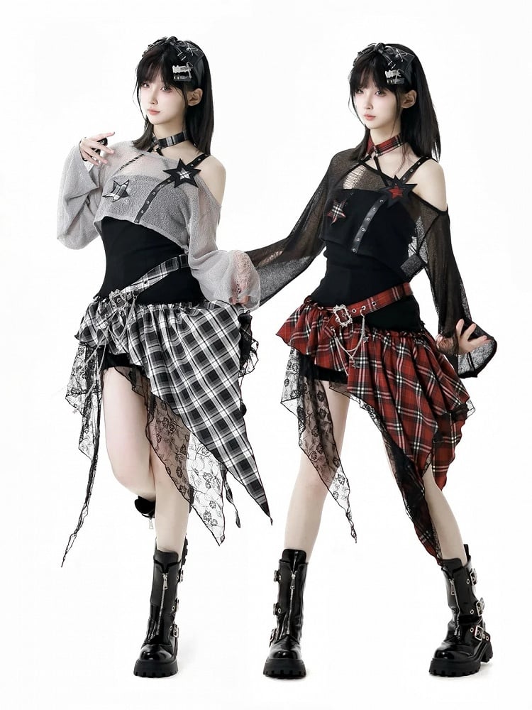 Red/Black & White Plaid Mesh Patches Handkerchief Hem Punk Rock Strapless Dress