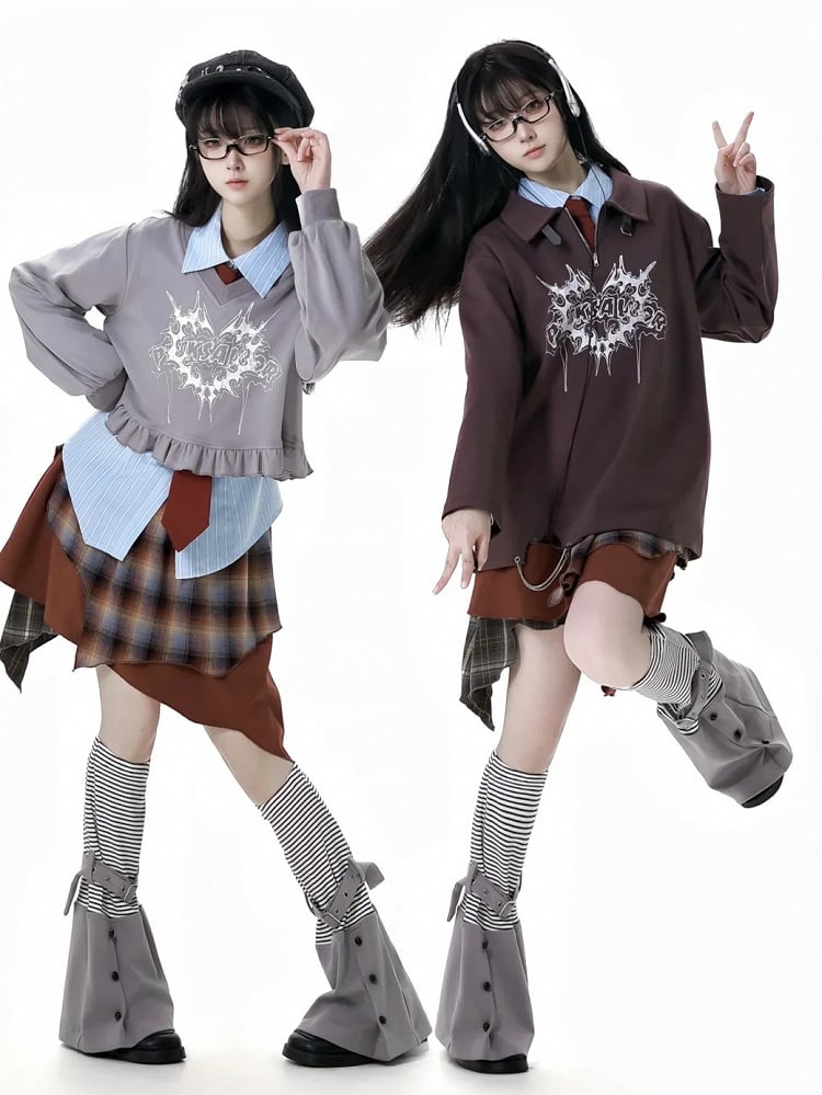 Brown Plaid Elastic Waist Handkerchief Hem Skirt