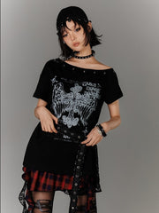 Y2K Black Cross Print Glamorous T-Shirt with Waist Belt