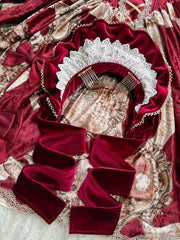 Wine Red/Black Velvet Lace Trim Bonnet + 4 Bowknot Brooches