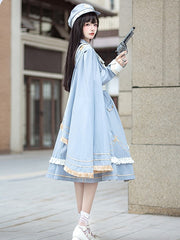 Blue Military Lolita One Shoulder Cape with Golden Trim Fringe Details