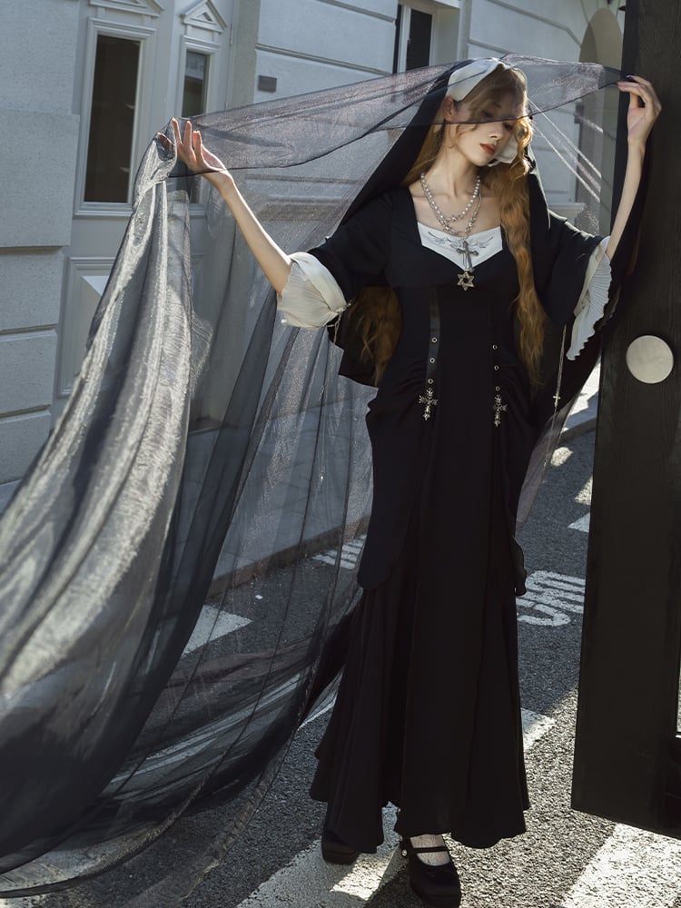 Black and White Slim-fitting Gothic Nun Lolita Dress with Cross Applique
