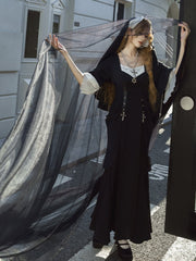Black and White Slim-fitting Gothic Nun Lolita Dress with Cross Applique
