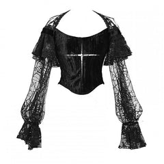 Halloween Gothic Black Cropped Velvet Top Bishop Lace Sleeves
