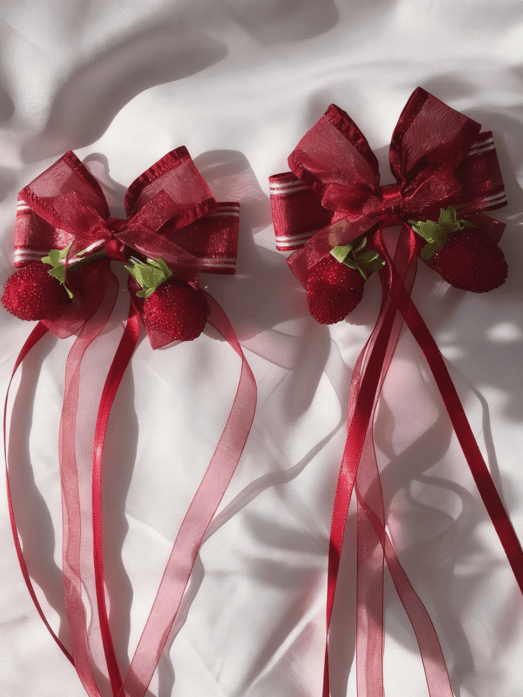 Red Long Ribbon Bow Strawberry Decorations Lolita Hairclip