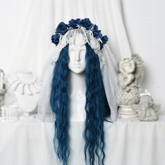 White Gothic Corpse Bride Lace-up Detail Veil with Blue Roses