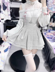 White & Pink Jirai Kei Knit Sweater：Illusion Buckle Neckline with Open Shoulder