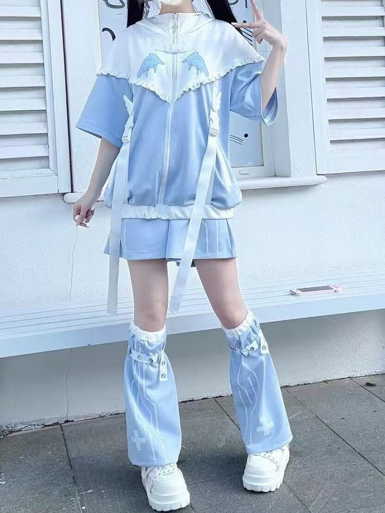 Tenshi Kawaii Landmine Style Light Blue Set - Fox Ears Hoodie with Detachable Sleeves, Shorts, & Leg Warmers