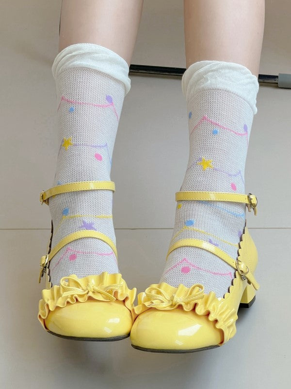 White/Beige Hollow-out Calf Socks With Star And Polka-dot Pattern