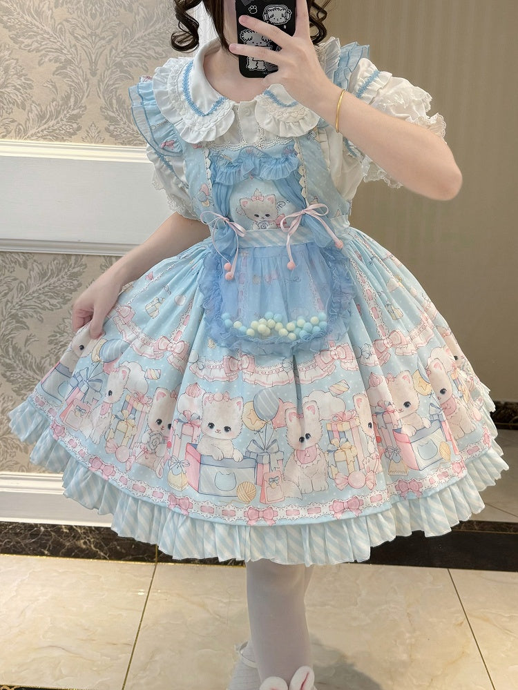 Blue Kitty and Polka Dots Pattern Print Sweet Lolita Overall Dress