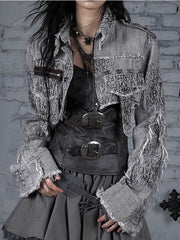 Brown Wasteland Punk Skeleton And Buckle Decorated Stripes Pattern Cropped Jacket