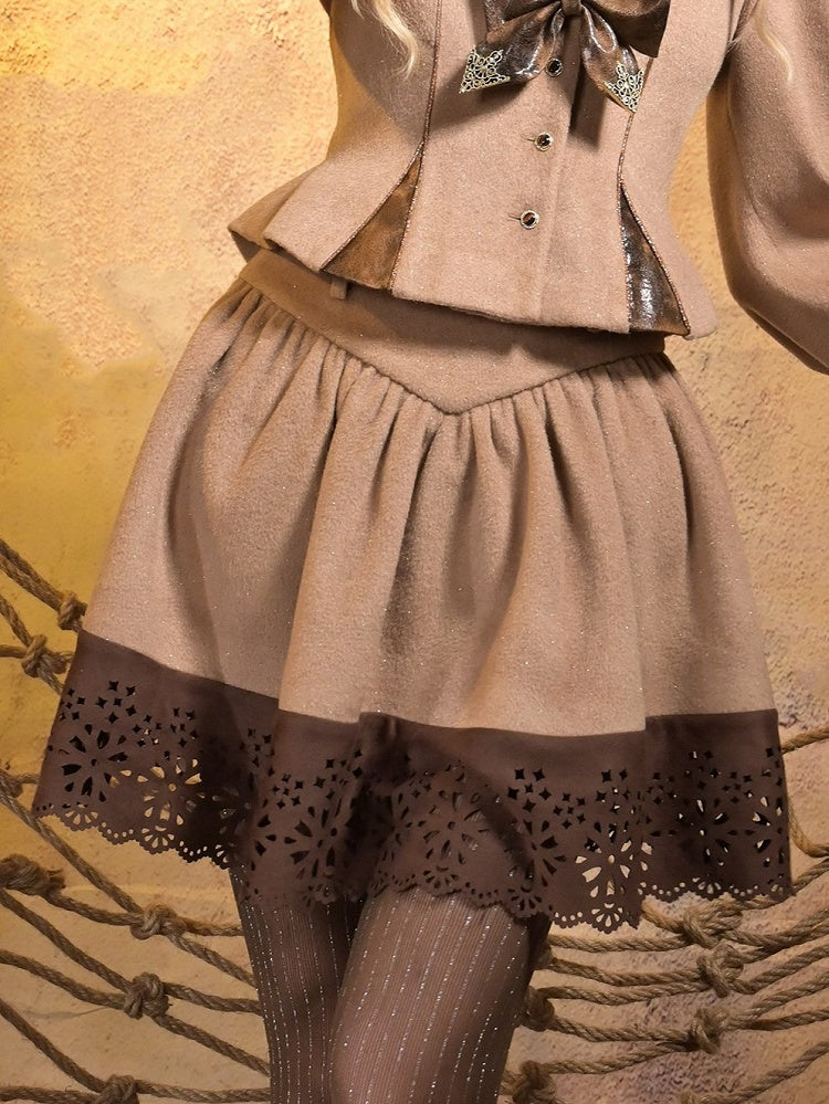 Steampunk Khaki Skirt with V-Waist & Brown Suede Cut-out Floral Hem