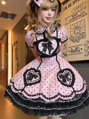 Black Heart Polka Dot Sweetheart Applique Pink Sweet Lolita Dress with Bow Accents