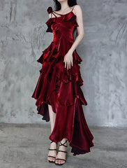 Red Shimmer Asymmetrical Layered Flounce Spaghetti Strap Prom Dress Evening Gown