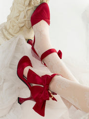 Wine Red Classic Lolita High-heel Sandals - Bow Detailing & Heart Inspired Buckle Design