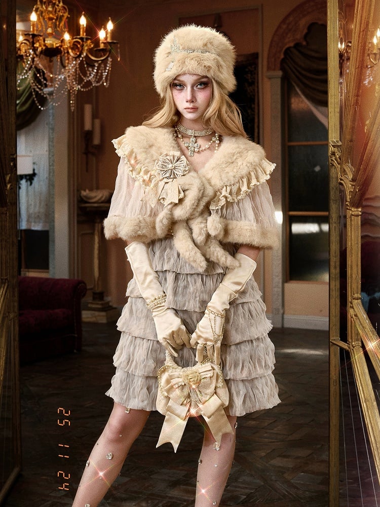 Cream Faux Fur Collar Capelet with Sequined Lace and Ruched Tulle Panel