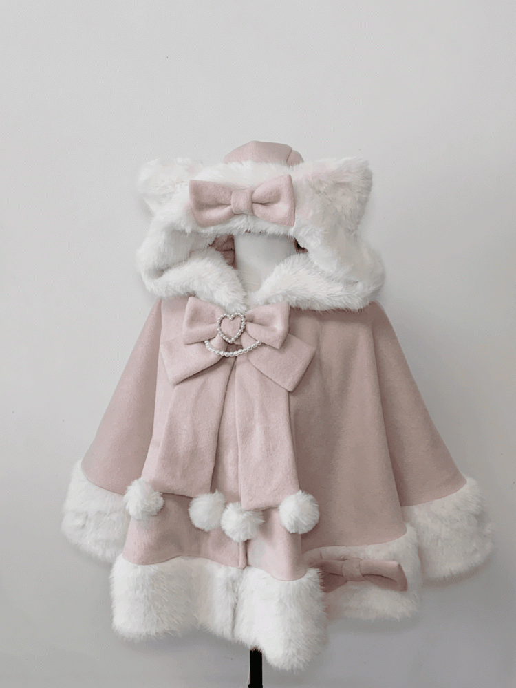 Kitty Ears Hooded Cape - Jirai Kei Pink Plush Wool Coat in Kawaii Style