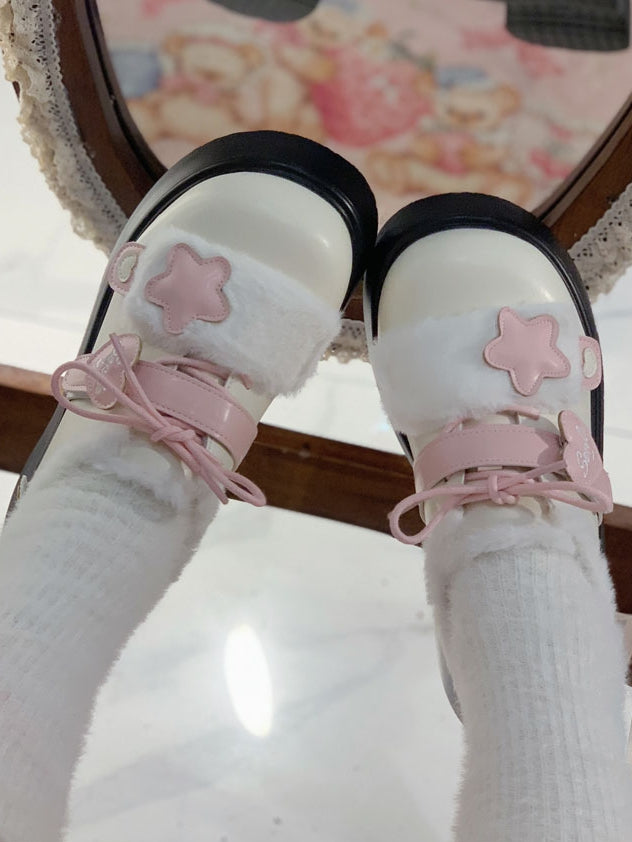 Sweet Lolita Winter Cozy Fleece Lining Beige Platforms with Pink Heart & Star Accents Velcro Strap Closures Design