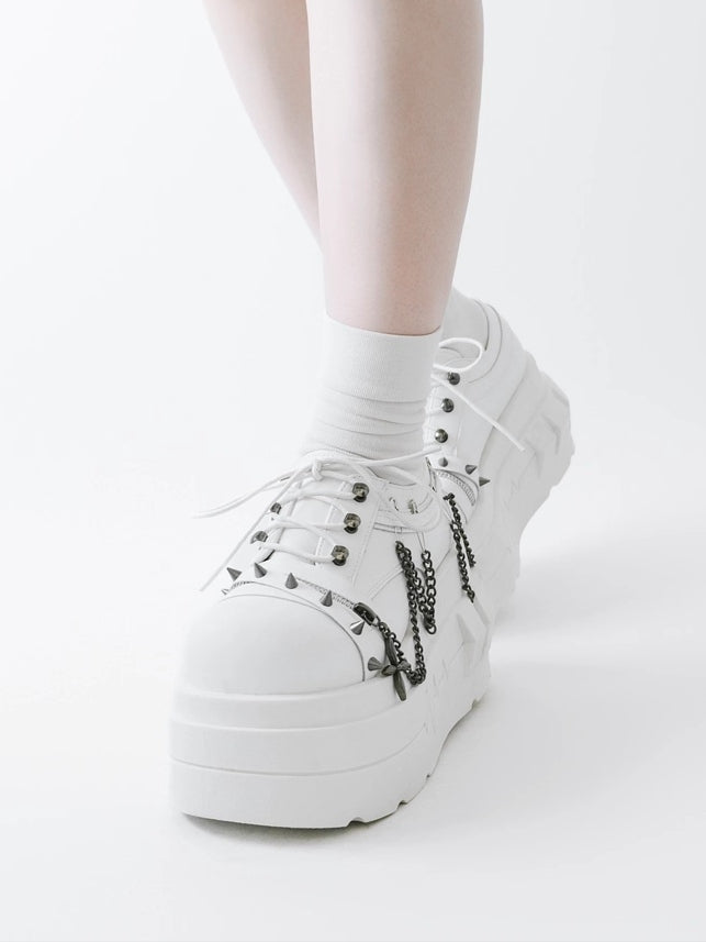 White Platform Shoes in Punk Goth  with Detachable Chain Charm, Pin and Studs Decor & Lace-up Closure
