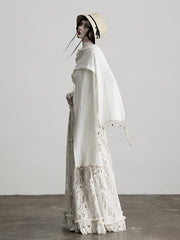 Urban Goth White Floral Pattern Tulle Umbrella Skirt with Shell Charms + White Shawl