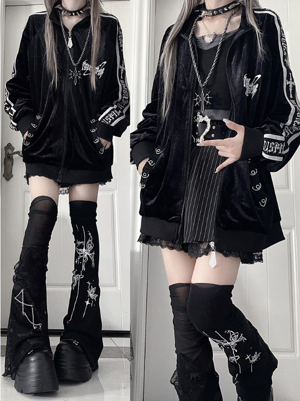 Gothic Black Velvet Tracksuit Jacketwith Sleeve Tape Text&Back Cross Print
