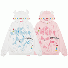 White/Pink Winged Hoodie with Cartoon Girl Print and Lace Drawstrings
